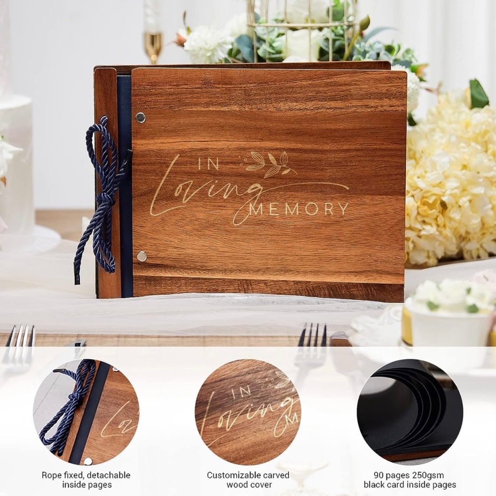 Guest Book Registry Memory Scrapbook Album Engraved Wooden Sign-In 50 Pages